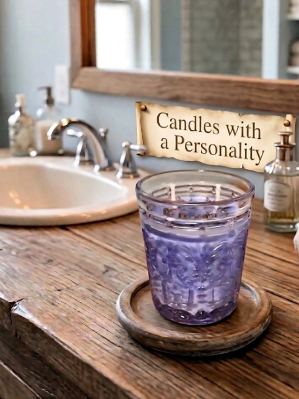 Lavender Scented 100% Soy Wax Candle in a Violet Colored Glass
